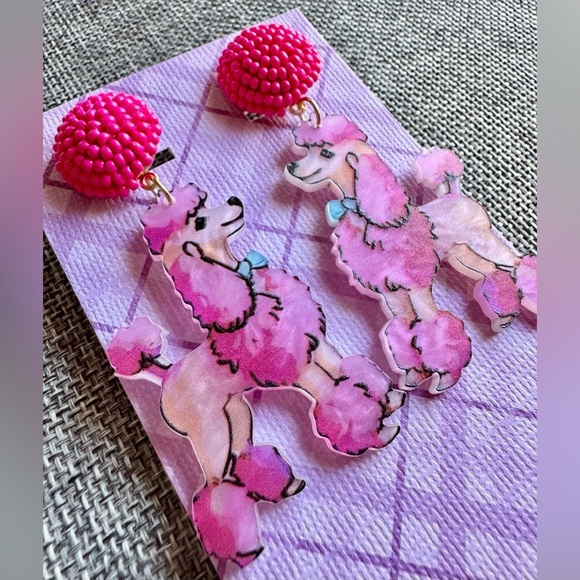 New Fun Acrylic Pink Poodle Dog w/ Beads Statement Dangle Earrings - 2.75” - Picture 4 of 5